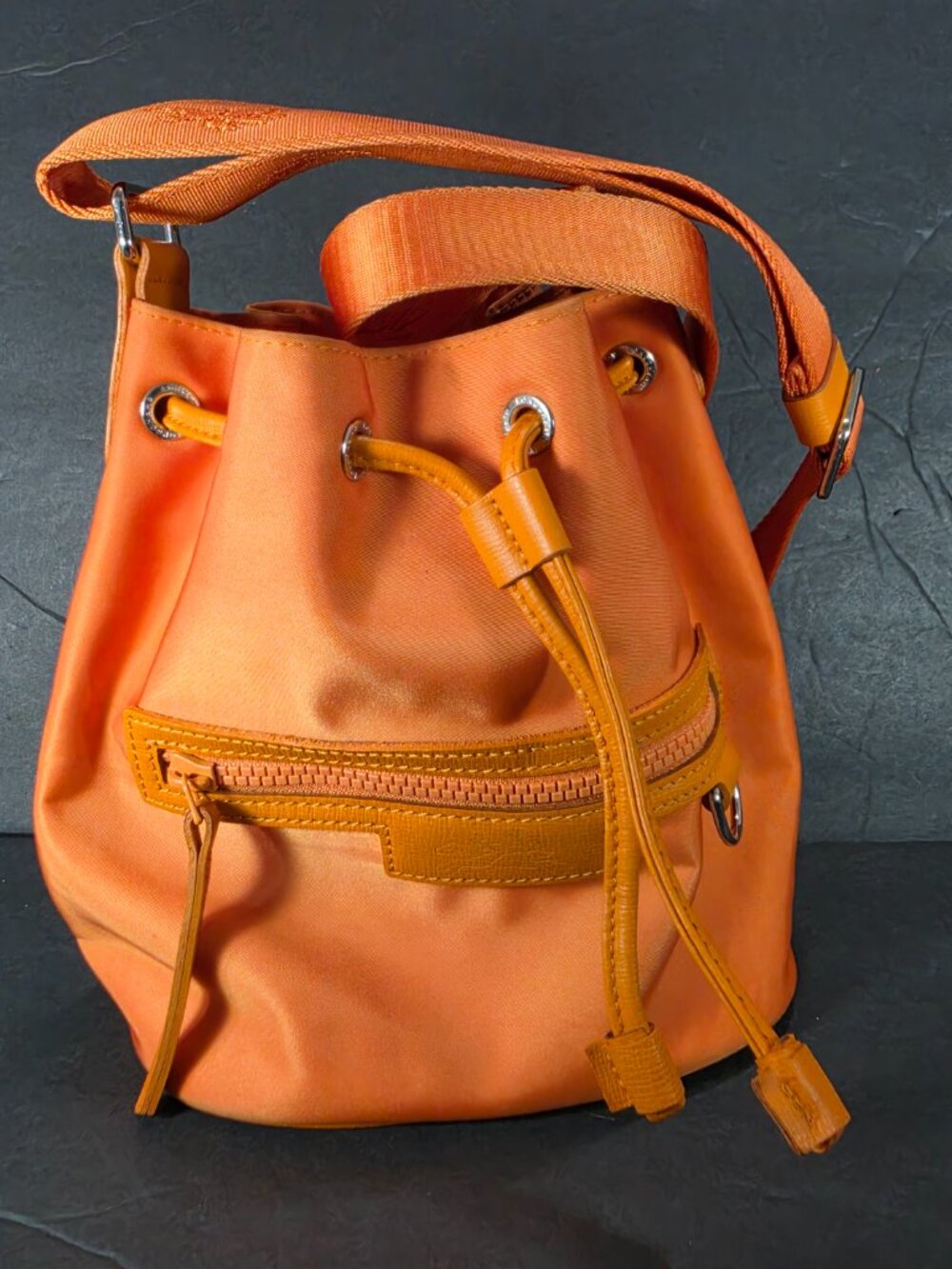 Longchamp Paris Orange Nylon Leather Bucket Shoulder Bag Drawstring Y2K